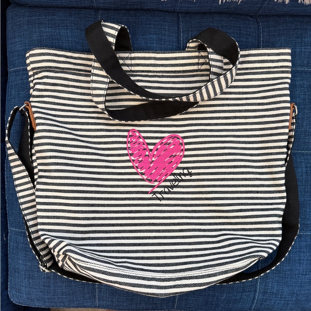 Thirty-One Black and White Striped Tote with Pink Heart